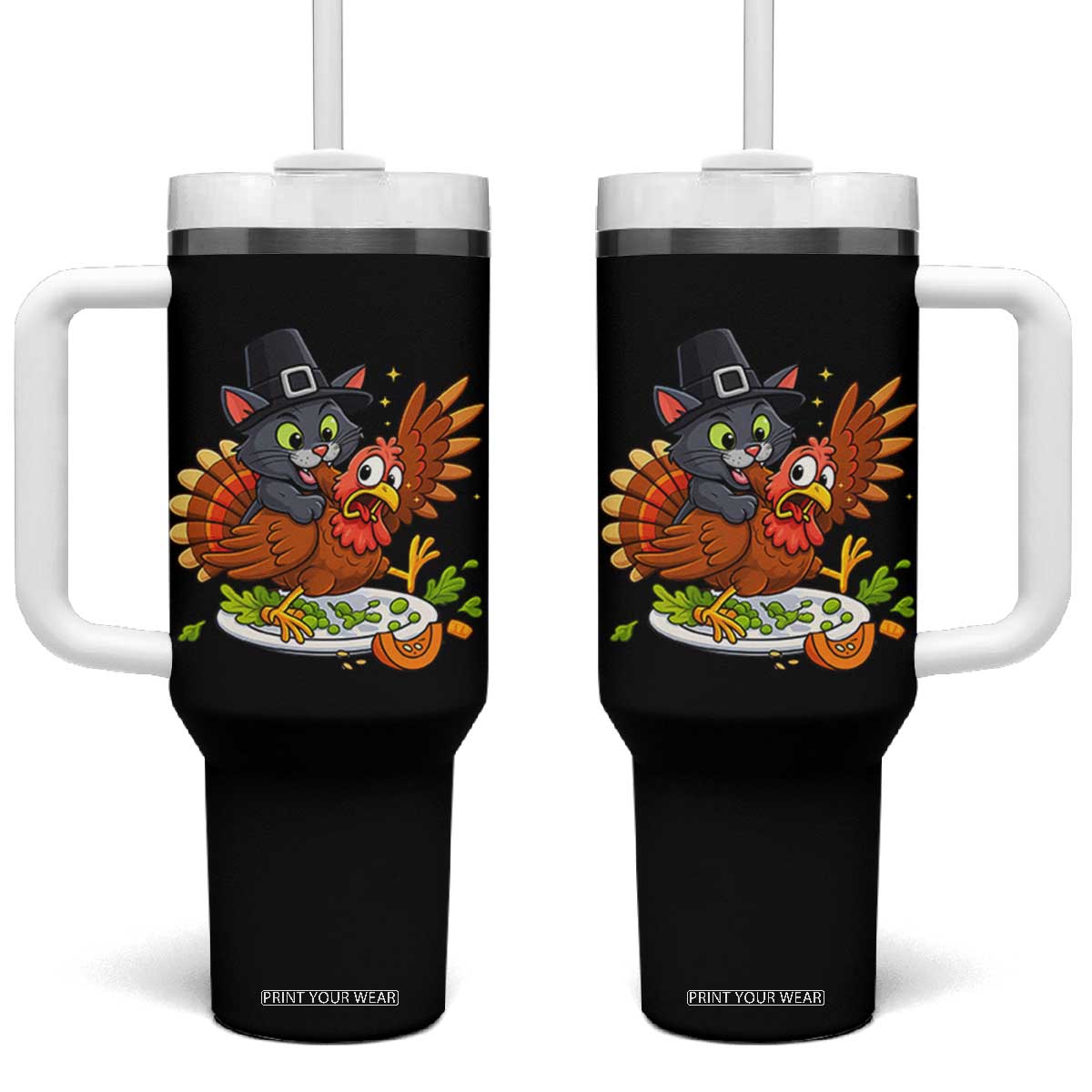 Funny Thanksgiving Cat Pilgrim Eat Turkey Tumbler With Handle TS14 One Size: 40 oz Black Print Your Wear
