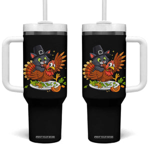 Funny Thanksgiving Cat Pilgrim Eat Turkey Tumbler With Handle TS14 One Size: 40 oz Black Print Your Wear