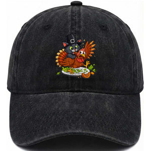 Funny Thanksgiving Cat Pilgrim Eat Turkey Washed Cotton Baseball Cap TS14 Washed Cap Universal Fit Black Print Your Wear