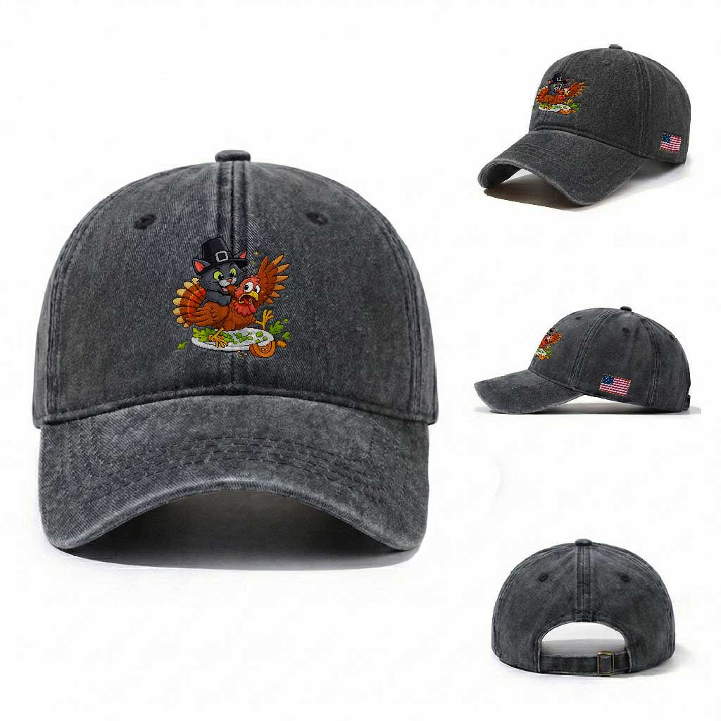 Funny Thanksgiving Cat Pilgrim Eat Turkey Washed Cotton Baseball Cap TS14 Washed Cap Universal Fit Dark Gray Print Your Wear