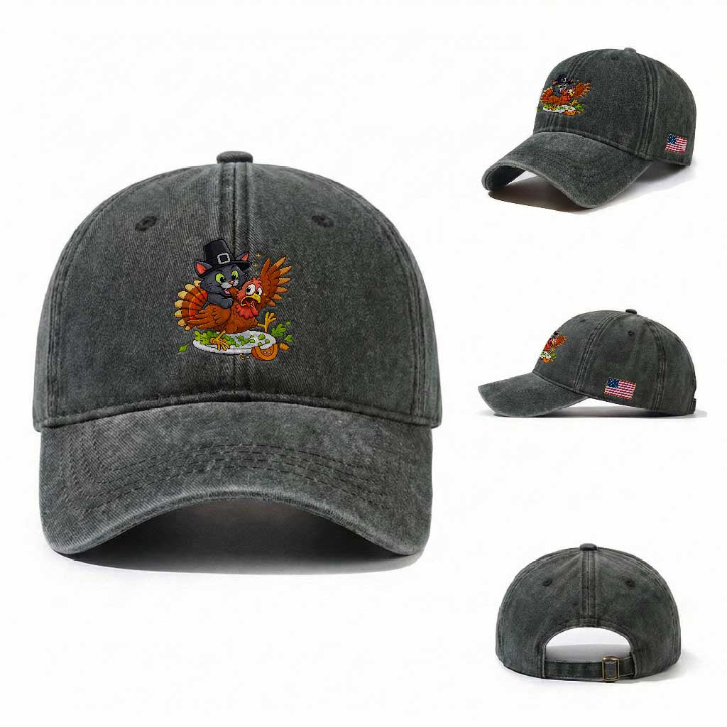 Funny Thanksgiving Cat Pilgrim Eat Turkey Washed Cotton Baseball Cap TS14 Washed Cap Universal Fit Dark Green Print Your Wear