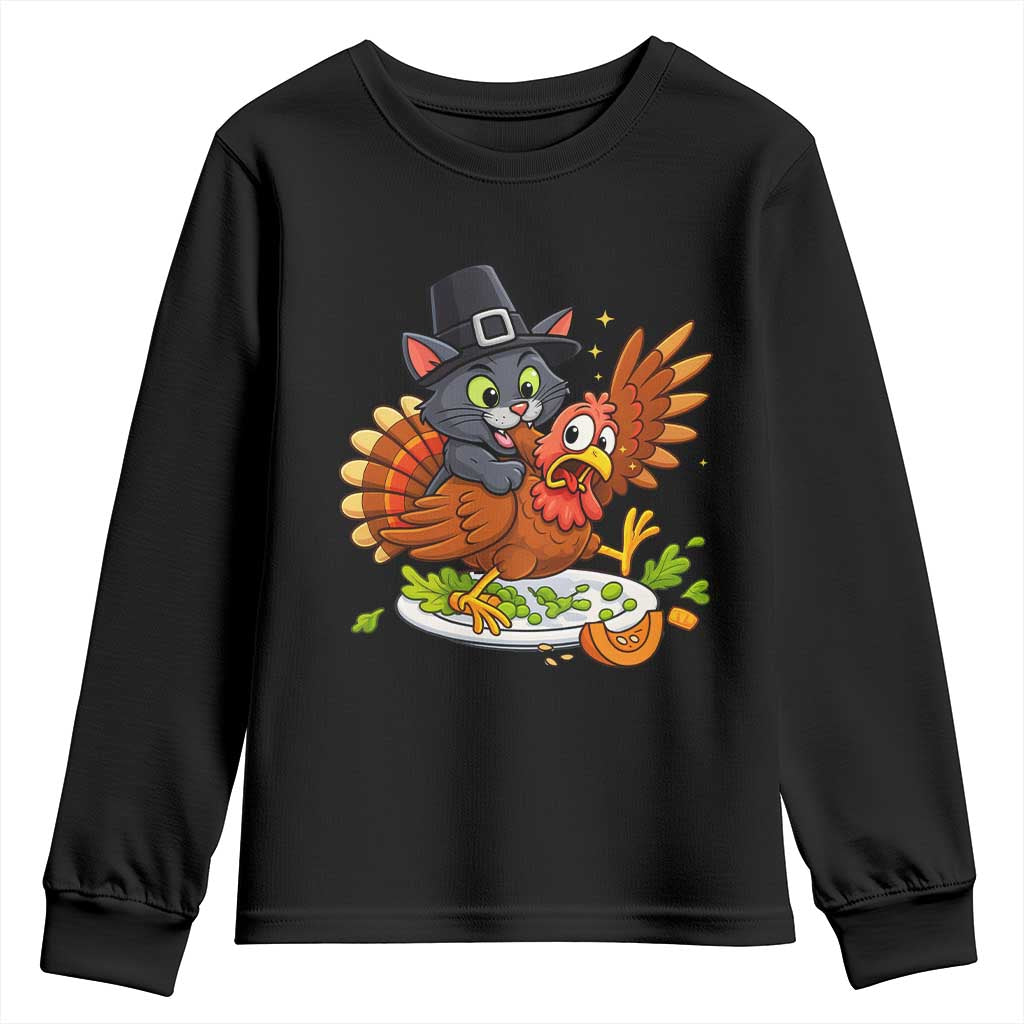 Funny Thanksgiving Cat Pilgrim Eat Turkey Youth Sweatshirt TS14 Black Print Your Wear