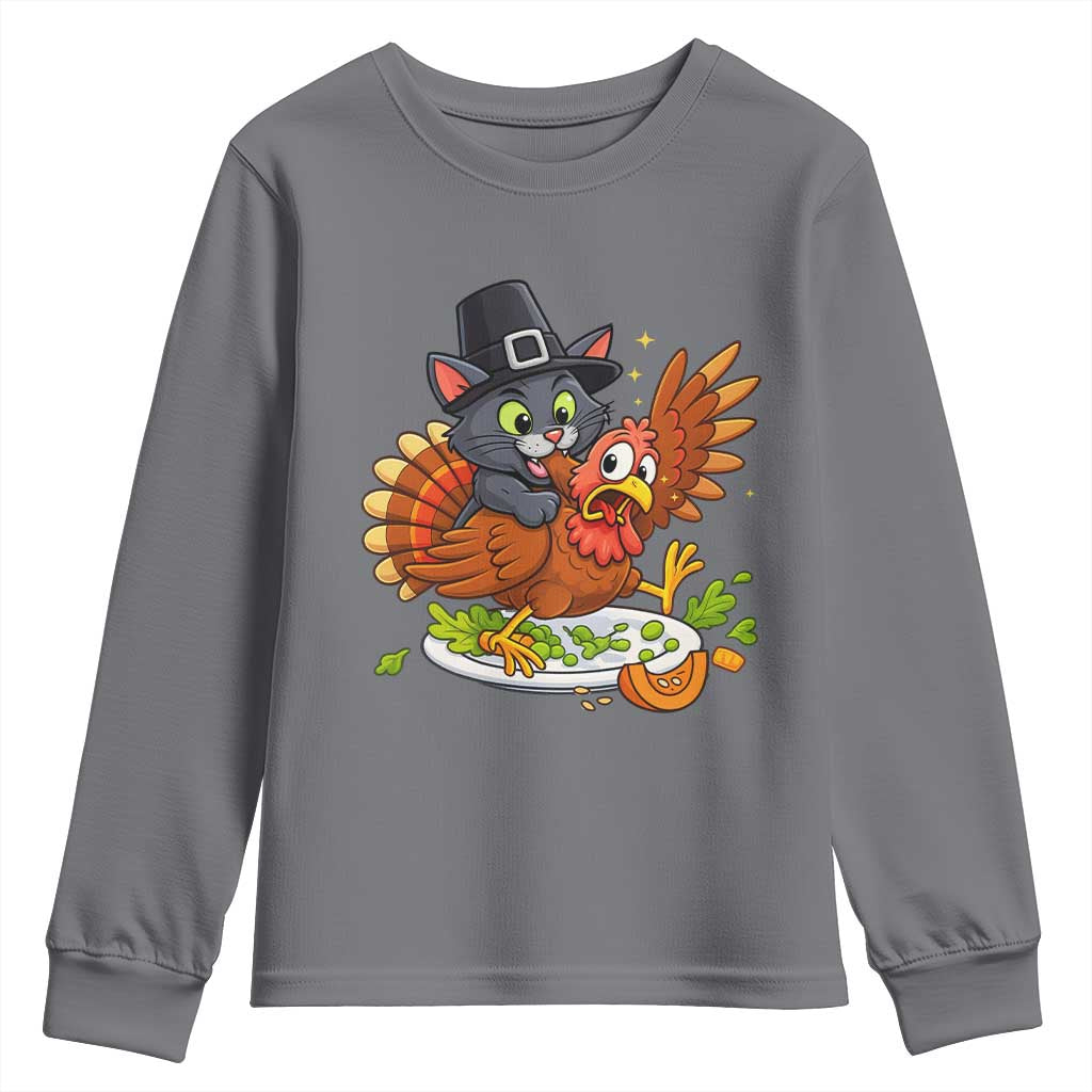 Funny Thanksgiving Cat Pilgrim Eat Turkey Youth Sweatshirt TS14 Charcoal Print Your Wear