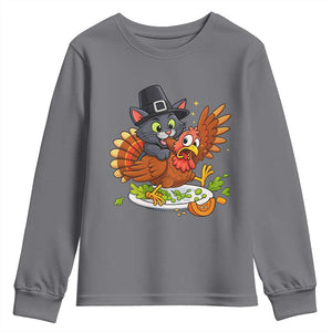 Funny Thanksgiving Cat Pilgrim Eat Turkey Youth Sweatshirt TS14 Charcoal Print Your Wear