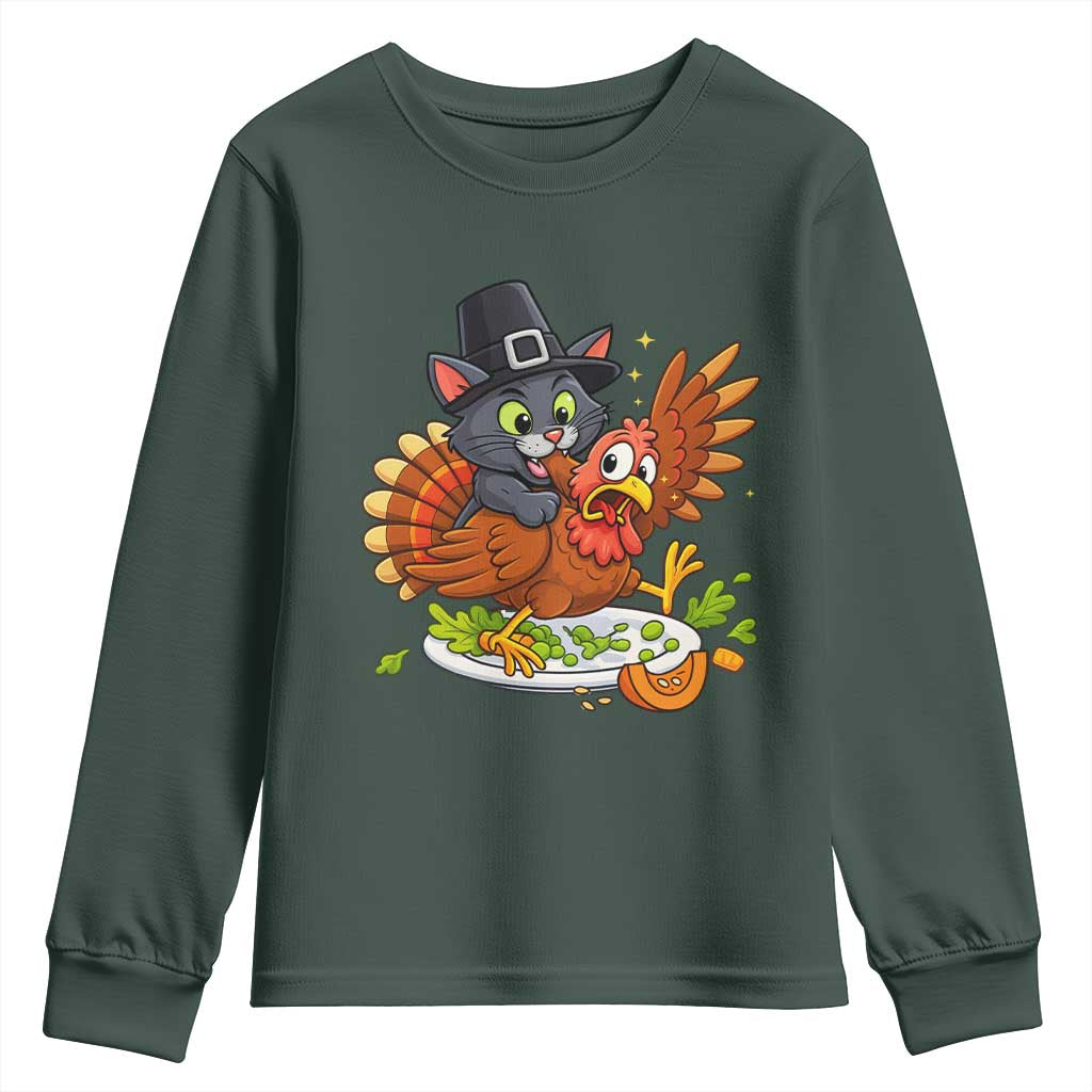 Funny Thanksgiving Cat Pilgrim Eat Turkey Youth Sweatshirt TS14 Dark Forest Green Print Your Wear