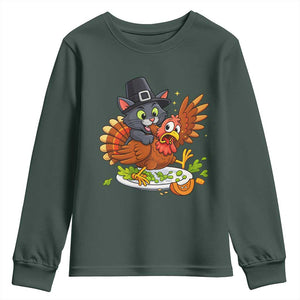 Funny Thanksgiving Cat Pilgrim Eat Turkey Youth Sweatshirt TS14 Dark Forest Green Print Your Wear