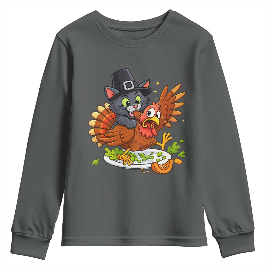 Funny Thanksgiving Cat Pilgrim Eat Turkey Youth Sweatshirt TS14 Dark Heather Print Your Wear