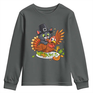 Funny Thanksgiving Cat Pilgrim Eat Turkey Youth Sweatshirt TS14 Dark Heather Print Your Wear