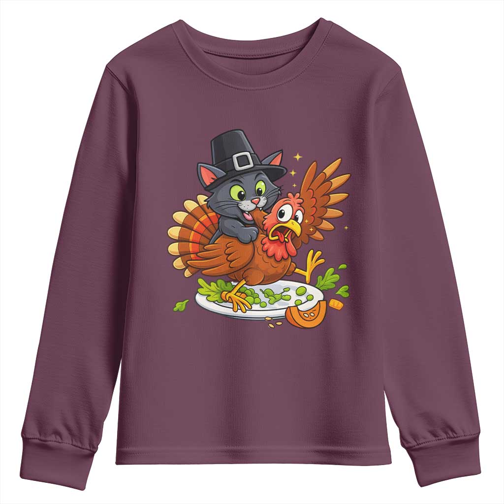 Funny Thanksgiving Cat Pilgrim Eat Turkey Youth Sweatshirt TS14 Maroon Print Your Wear