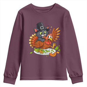 Funny Thanksgiving Cat Pilgrim Eat Turkey Youth Sweatshirt TS14 Maroon Print Your Wear