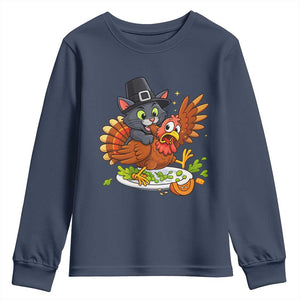 Funny Thanksgiving Cat Pilgrim Eat Turkey Youth Sweatshirt TS14 Navy Print Your Wear