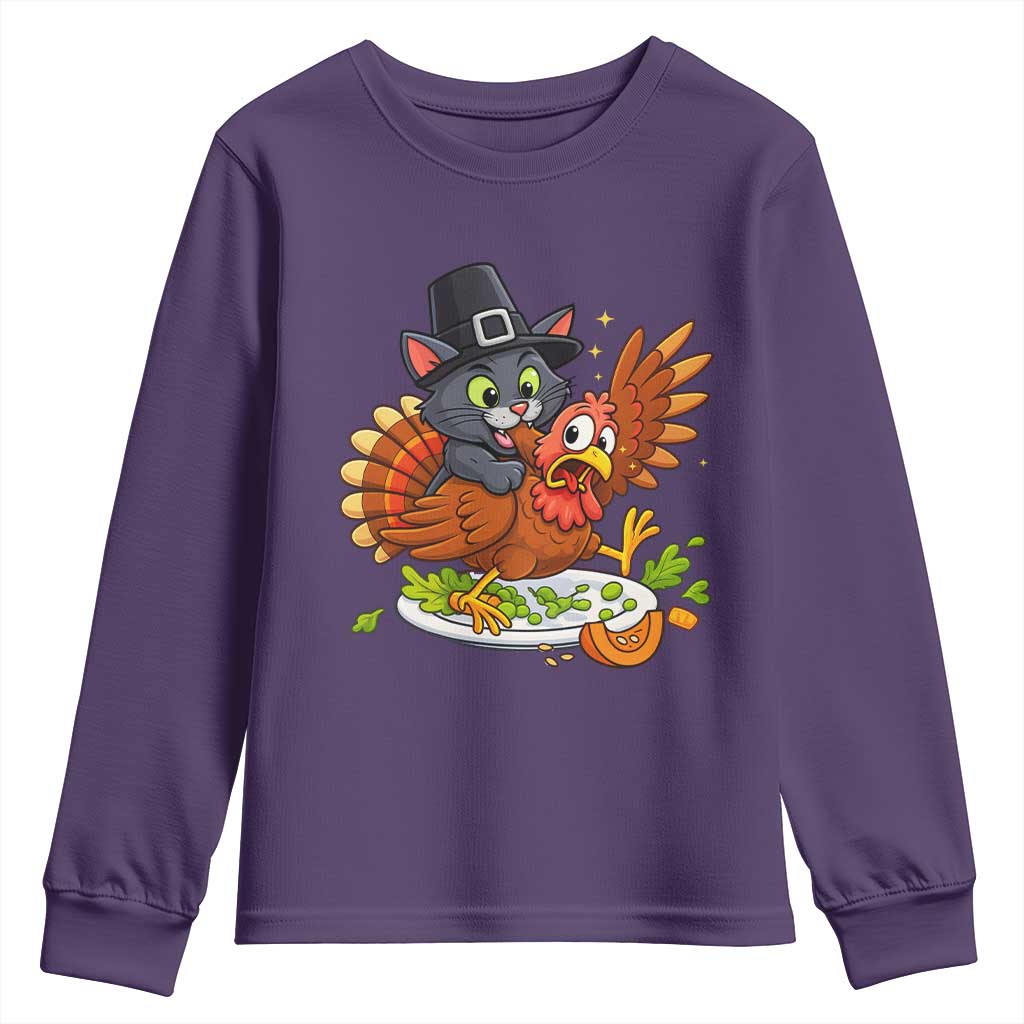 Funny Thanksgiving Cat Pilgrim Eat Turkey Youth Sweatshirt TS14 Purple Print Your Wear