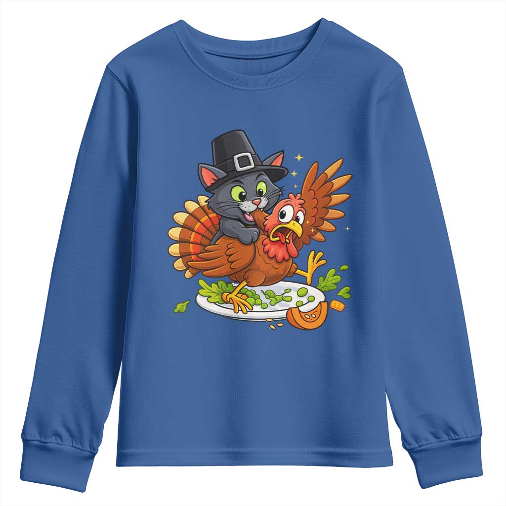 Funny Thanksgiving Cat Pilgrim Eat Turkey Youth Sweatshirt TS14 Royal Blue Print Your Wear