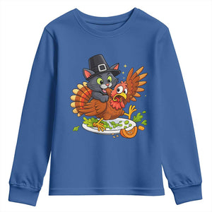 Funny Thanksgiving Cat Pilgrim Eat Turkey Youth Sweatshirt TS14 Royal Blue Print Your Wear