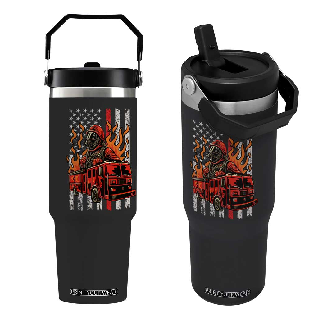 Firefighter Patriotic Fire Truck Fireman American Flag Flip Straw Tumbler TS14 One Size: 30 oz Black Print Your Wear