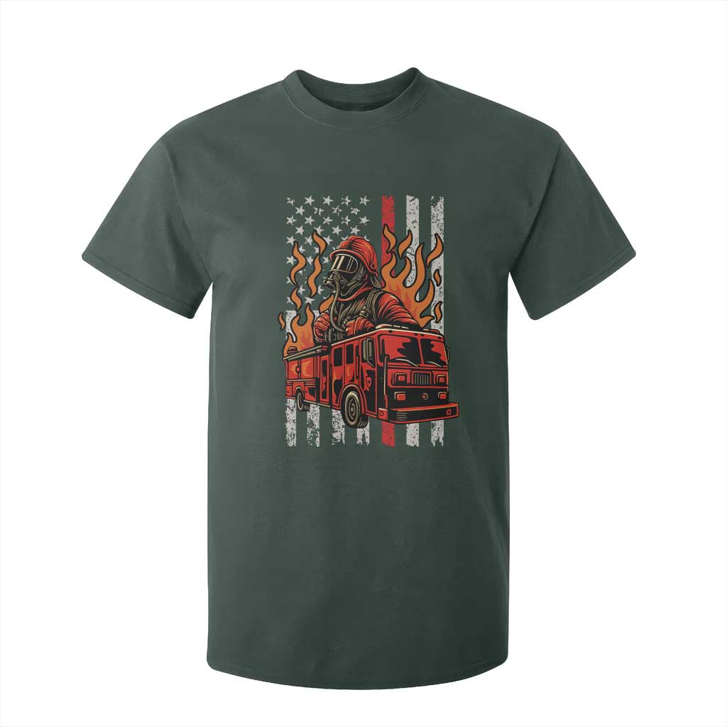 Firefighter Patriotic Fire Truck Fireman American Flag T Shirt For Kid TS14 Dark Forest Green Print Your Wear