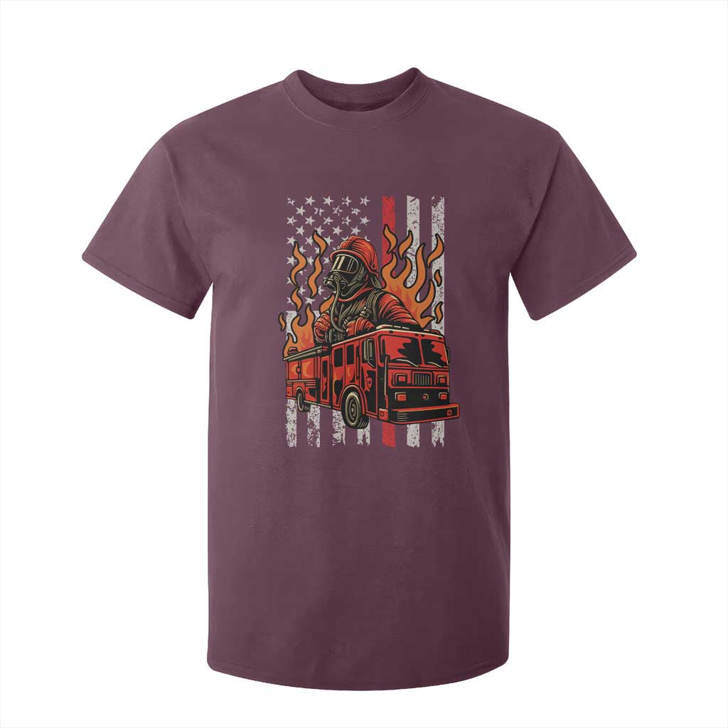 Firefighter Patriotic Fire Truck Fireman American Flag T Shirt For Kid TS14 Maroon Print Your Wear