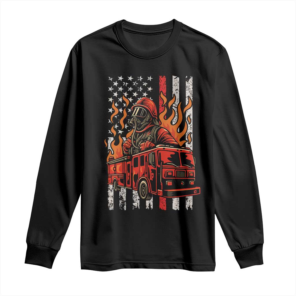 Firefighter Patriotic Fire Truck Fireman American Flag Long Sleeve Shirt TS14 Black Print Your Wear