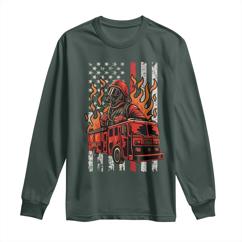 Firefighter Patriotic Fire Truck Fireman American Flag Long Sleeve Shirt TS14 Dark Forest Green Print Your Wear