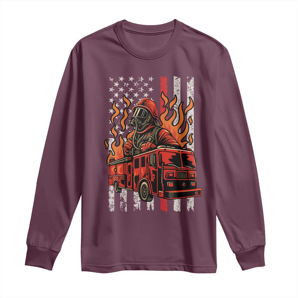 Firefighter Patriotic Fire Truck Fireman American Flag Long Sleeve Shirt TS14 Maroon Print Your Wear