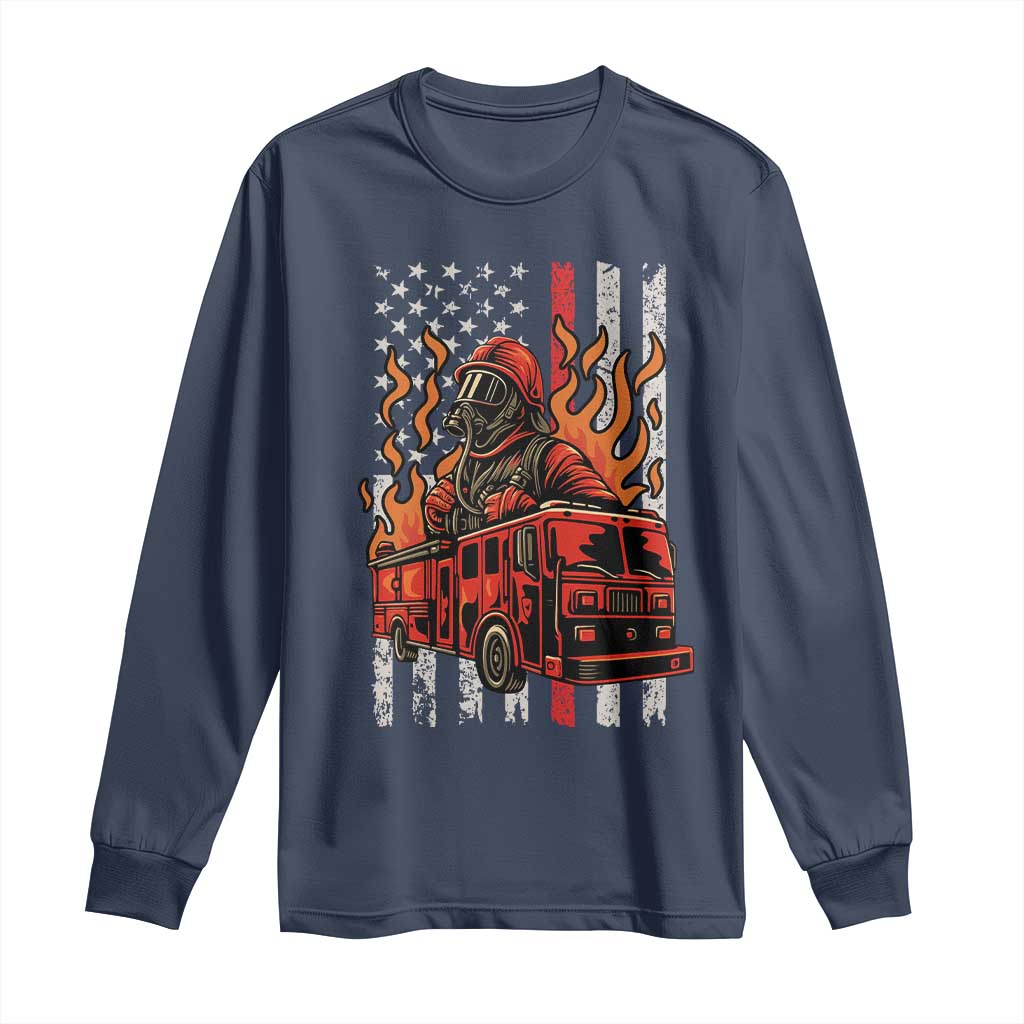 Firefighter Patriotic Fire Truck Fireman American Flag Long Sleeve Shirt TS14 Navy Print Your Wear