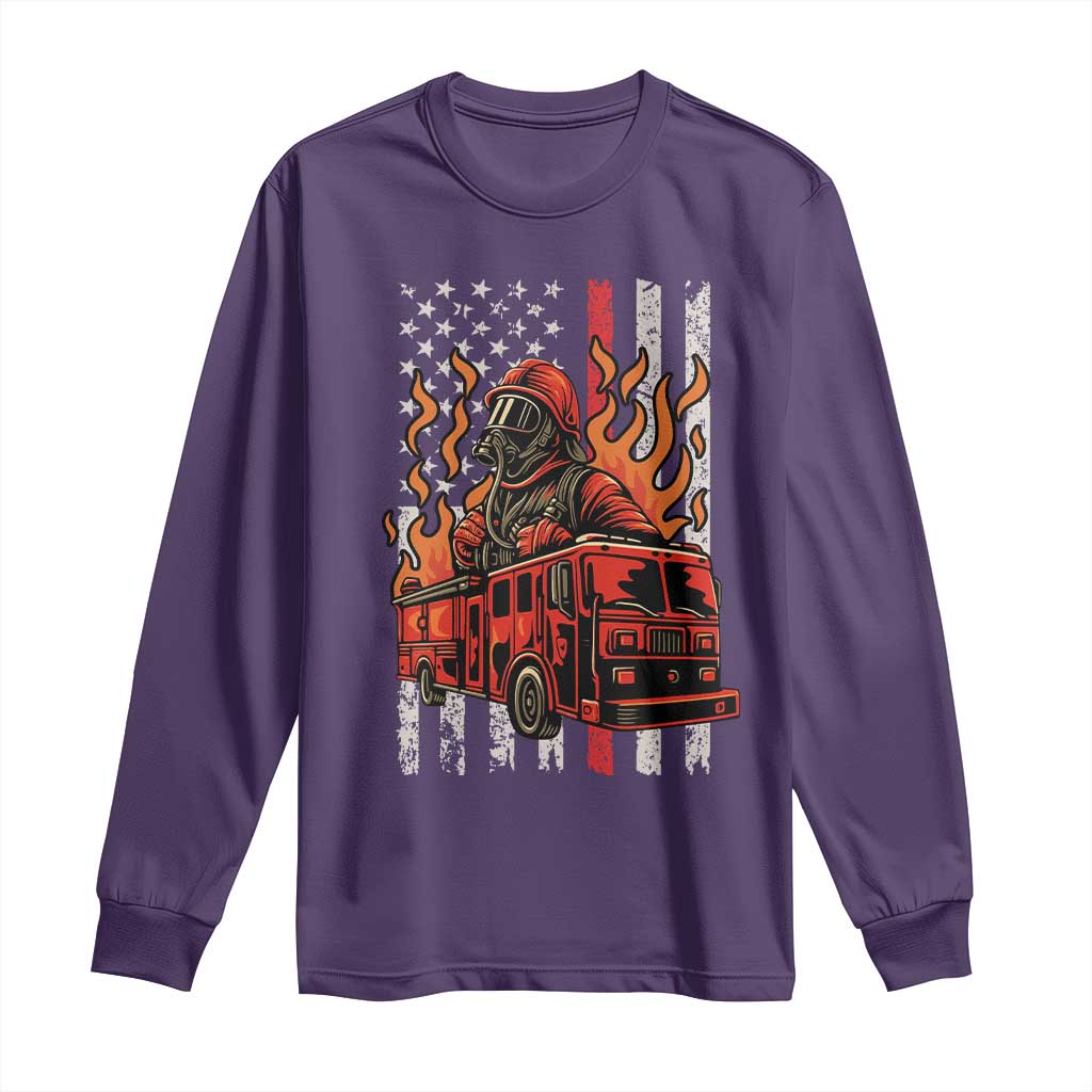 Firefighter Patriotic Fire Truck Fireman American Flag Long Sleeve Shirt TS14 Purple Print Your Wear