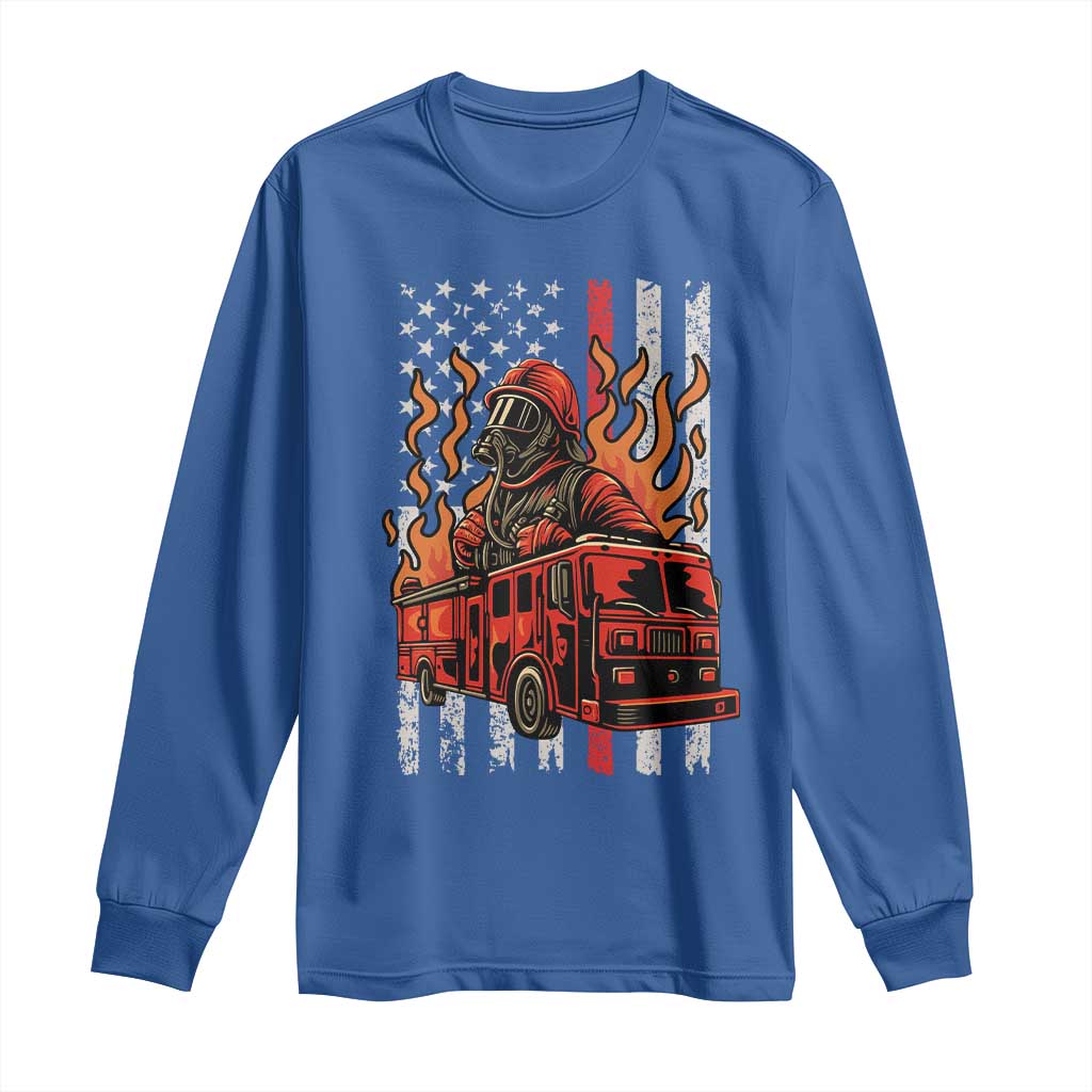 Firefighter Patriotic Fire Truck Fireman American Flag Long Sleeve Shirt TS14 Royal Blue Print Your Wear