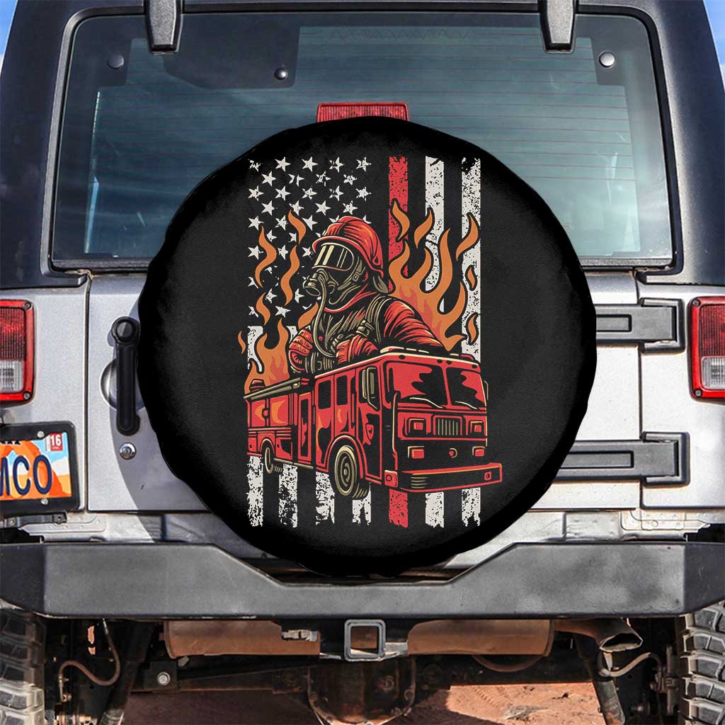 Firefighter Patriotic Fire Truck Fireman American Flag Spare Tire Cover TS14 No hole Black Print Your Wear
