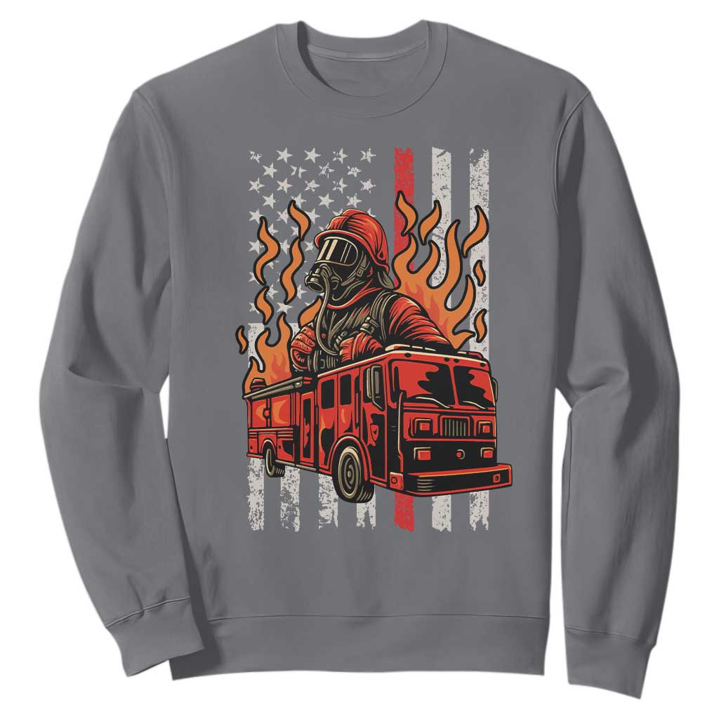 Firefighter Patriotic Fire Truck Fireman American Flag Sweatshirt TS14 Charcoal Print Your Wear