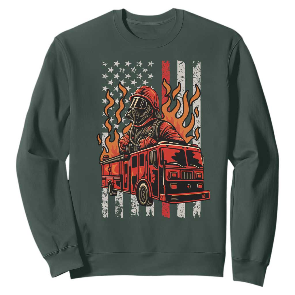 Firefighter Patriotic Fire Truck Fireman American Flag Sweatshirt TS14 Dark Forest Green Print Your Wear