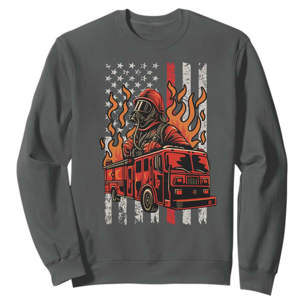 Firefighter Patriotic Fire Truck Fireman American Flag Sweatshirt TS14 Dark Heather Print Your Wear