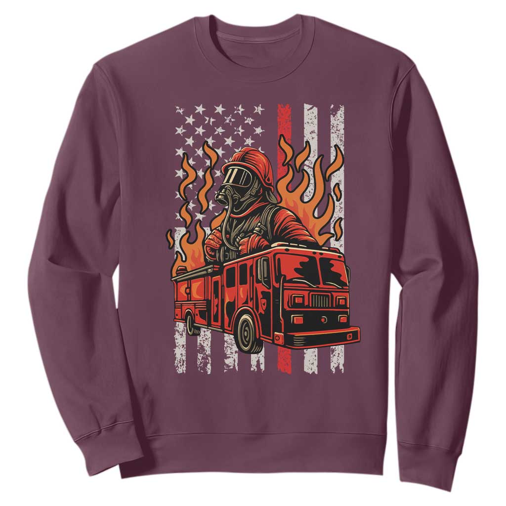 Firefighter Patriotic Fire Truck Fireman American Flag Sweatshirt TS14 Maroon Print Your Wear
