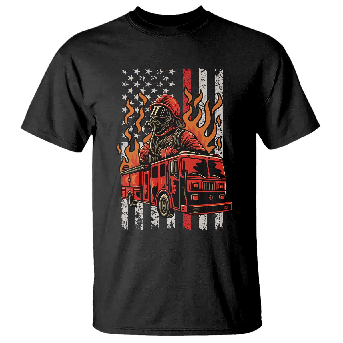Firefighter Patriotic Fire Truck Fireman American Flag T Shirt TS14 Black Print Your Wear