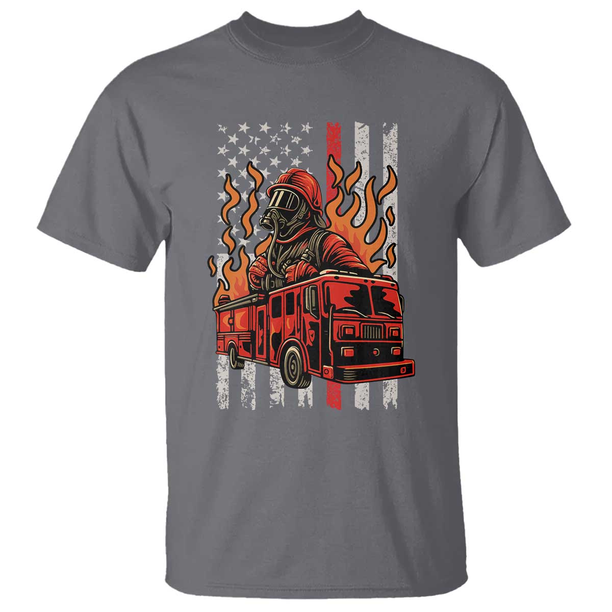Firefighter Patriotic Fire Truck Fireman American Flag T Shirt TS14 Charcoal Print Your Wear