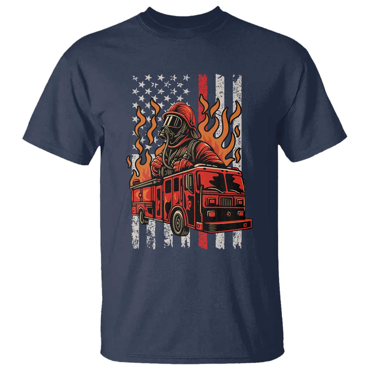 Firefighter Patriotic Fire Truck Fireman American Flag T Shirt TS14 Navy Print Your Wear