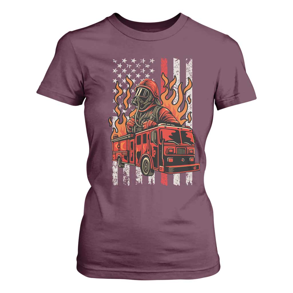Firefighter Patriotic Fire Truck Fireman American Flag T Shirt For Women TS14 Maroon Print Your Wear