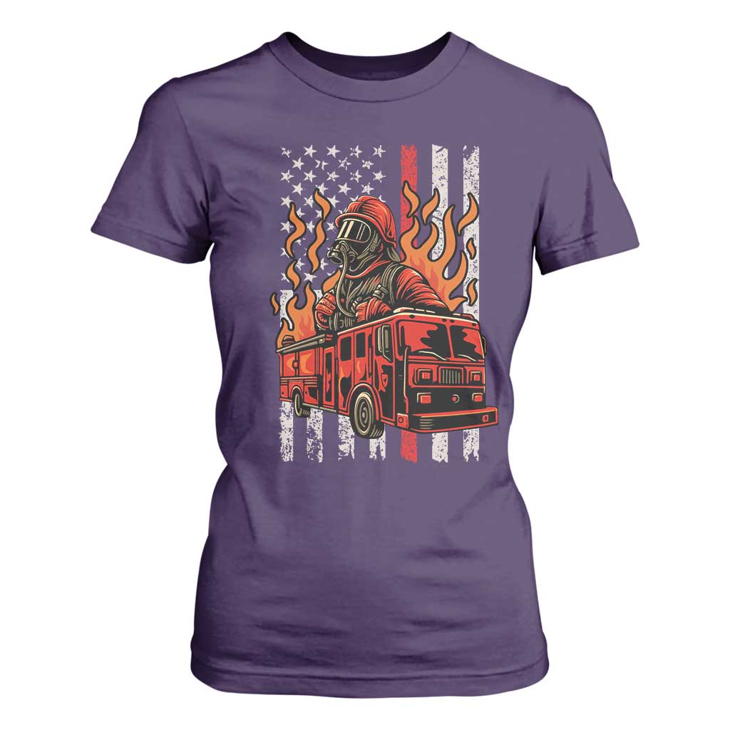 Firefighter Patriotic Fire Truck Fireman American Flag T Shirt For Women TS14 Purple Print Your Wear
