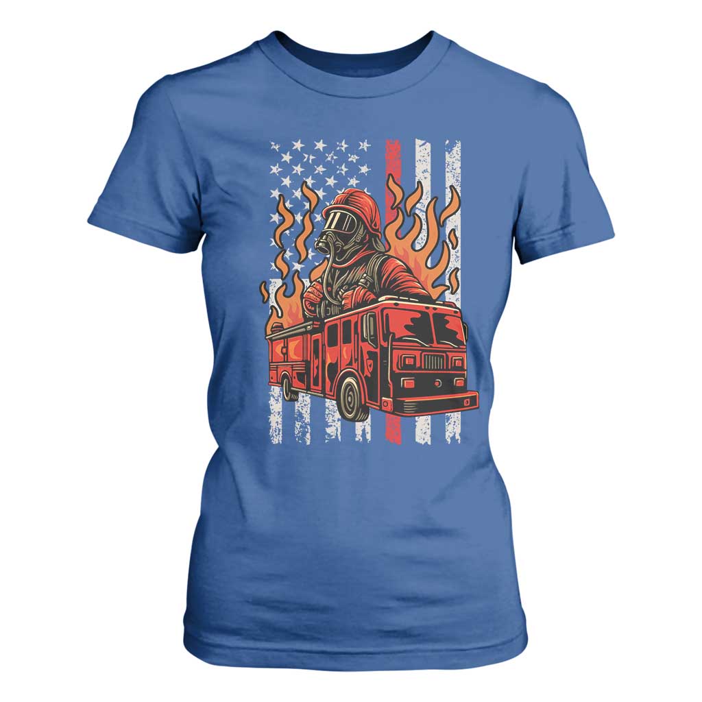 Firefighter Patriotic Fire Truck Fireman American Flag T Shirt For Women TS14 Royal Blue Print Your Wear