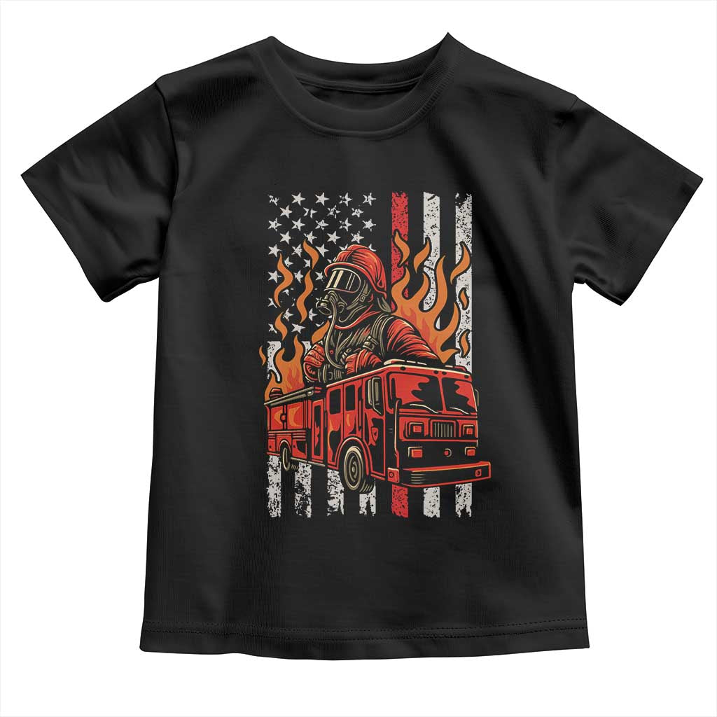 Firefighter Patriotic Fire Truck Fireman American Flag Toddler T Shirt TS14 Black Print Your Wear