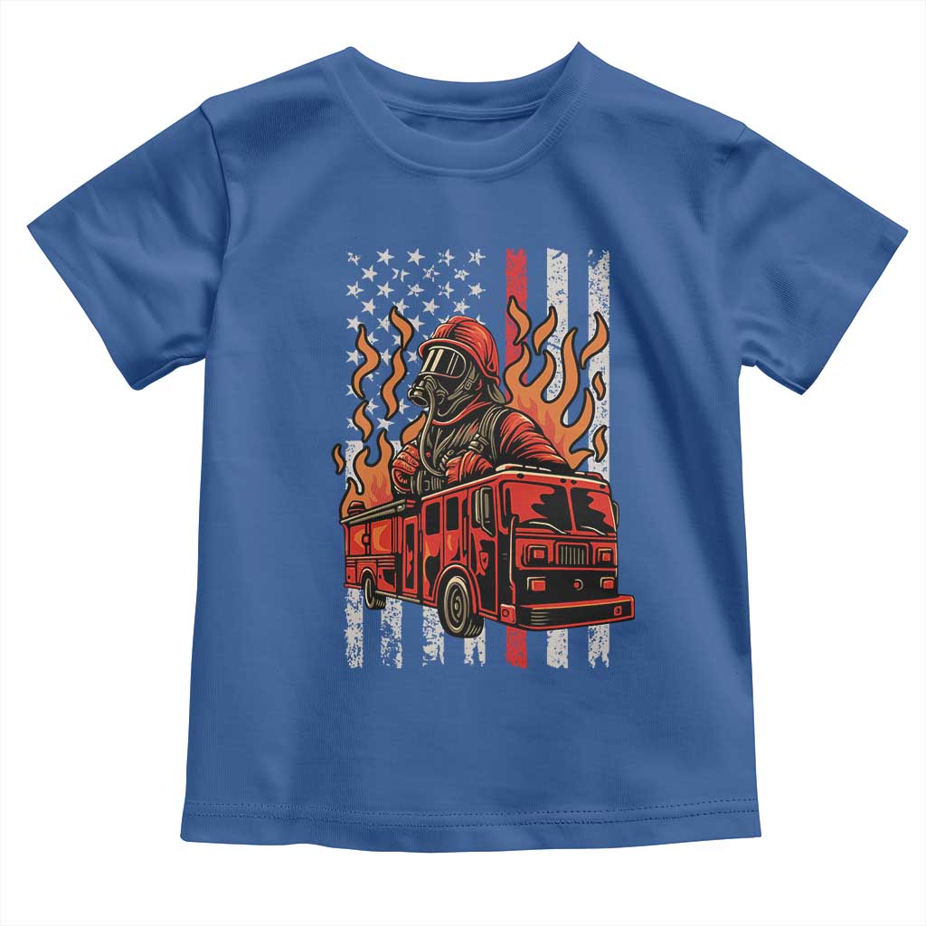 Firefighter Patriotic Fire Truck Fireman American Flag Toddler T Shirt TS14 Royal Blue Print Your Wear