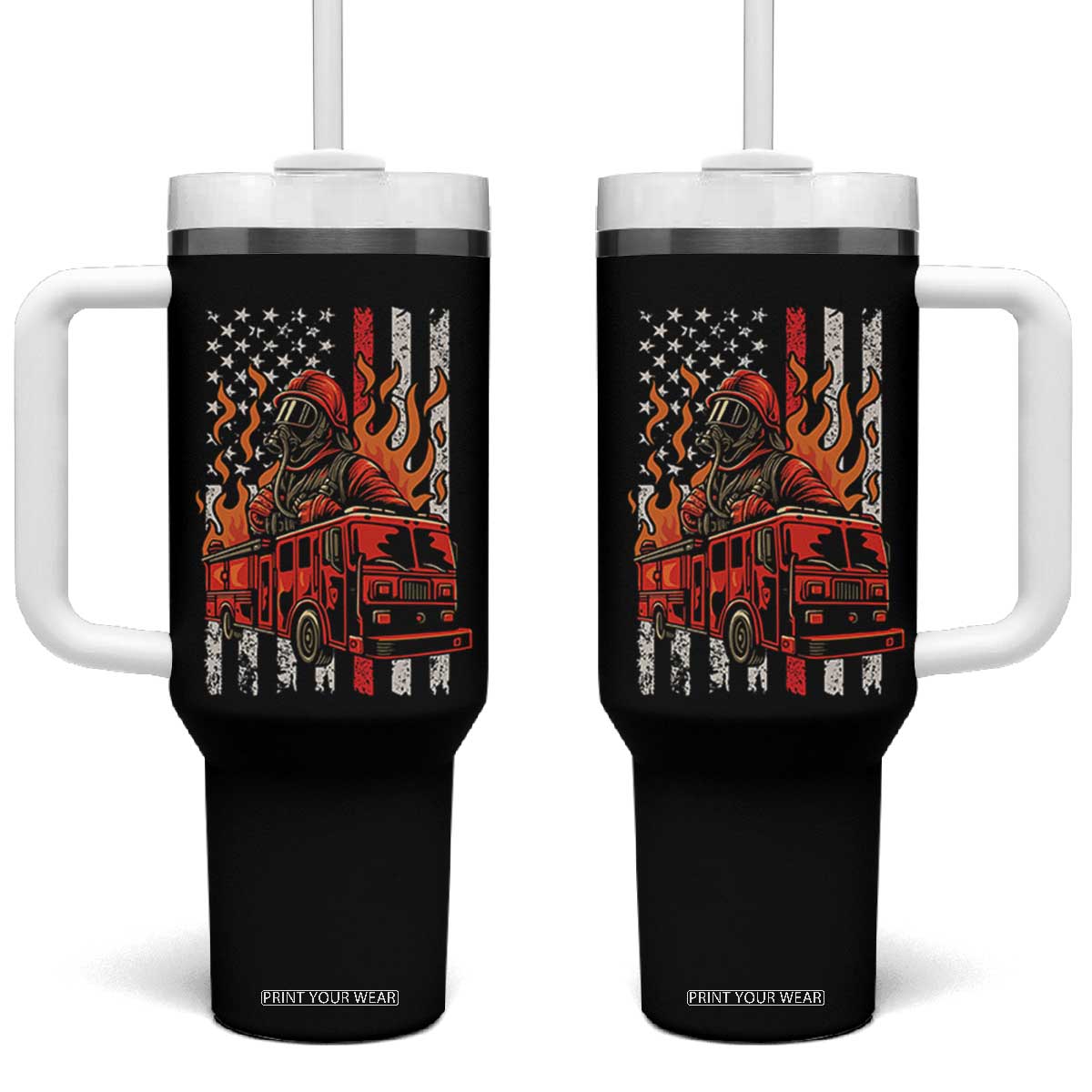 Firefighter Patriotic Fire Truck Fireman American Flag Tumbler With Handle TS14 One Size: 40 oz Black Print Your Wear