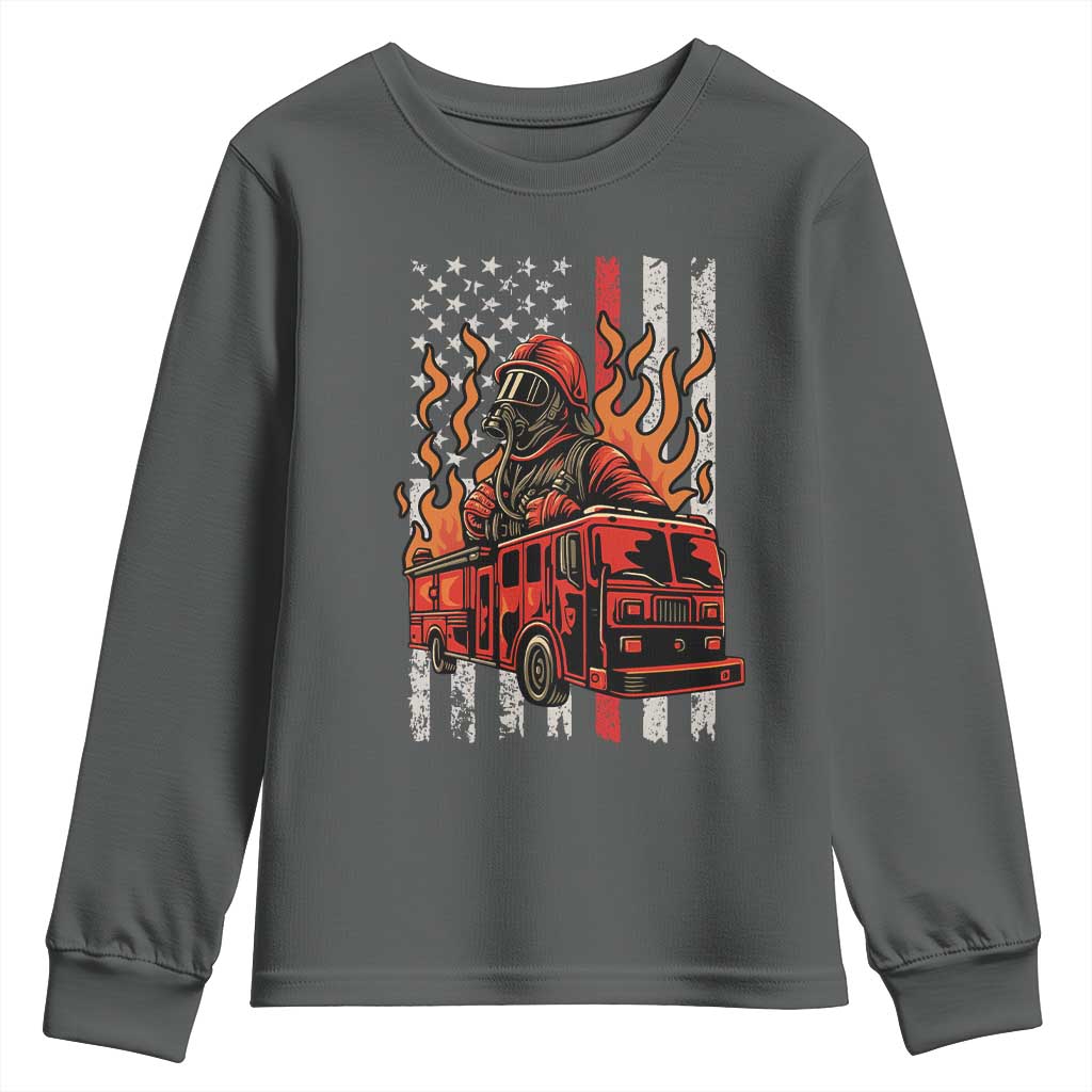 Firefighter Patriotic Fire Truck Fireman American Flag Youth Sweatshirt TS14 Dark Heather Print Your Wear