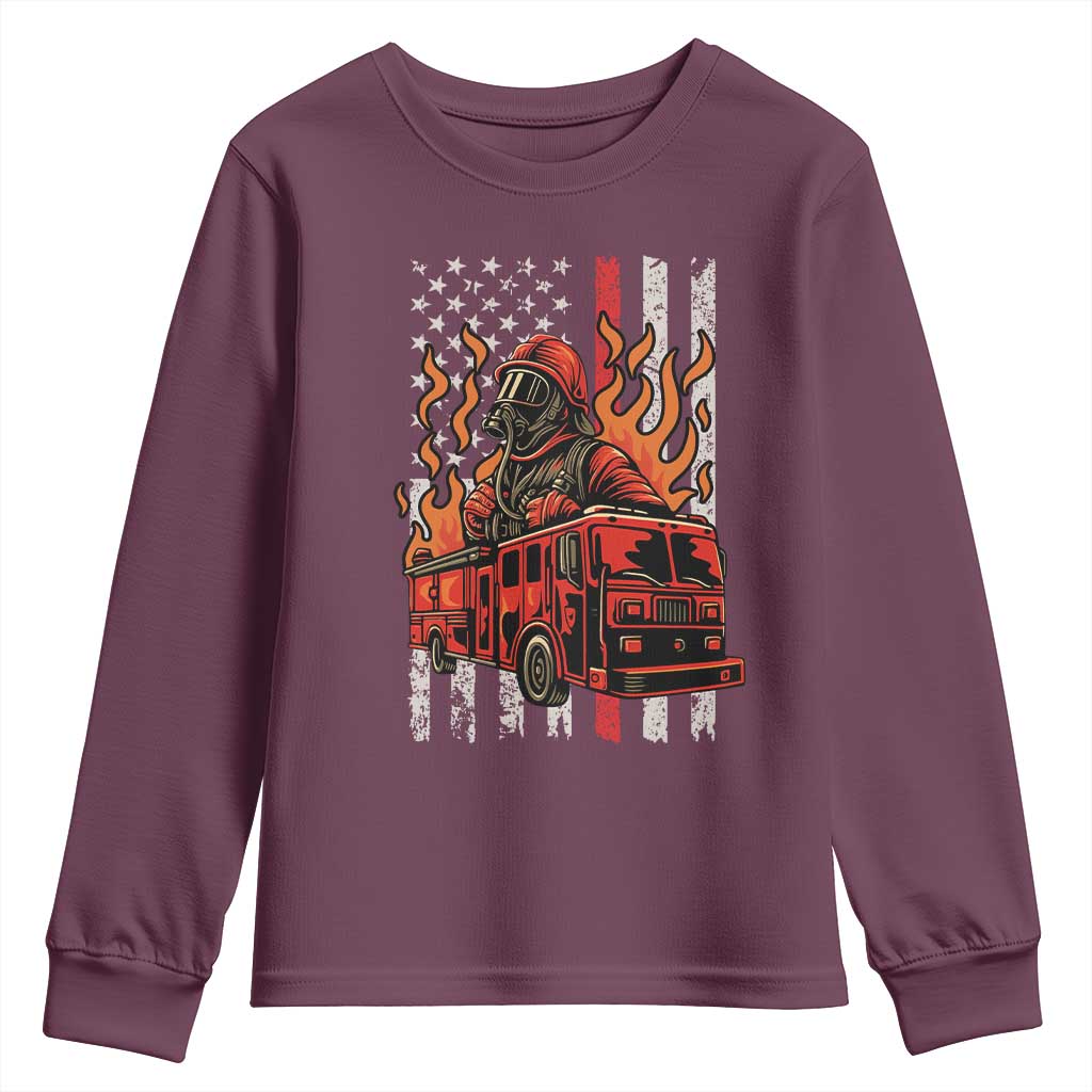 Firefighter Patriotic Fire Truck Fireman American Flag Youth Sweatshirt TS14 Maroon Print Your Wear
