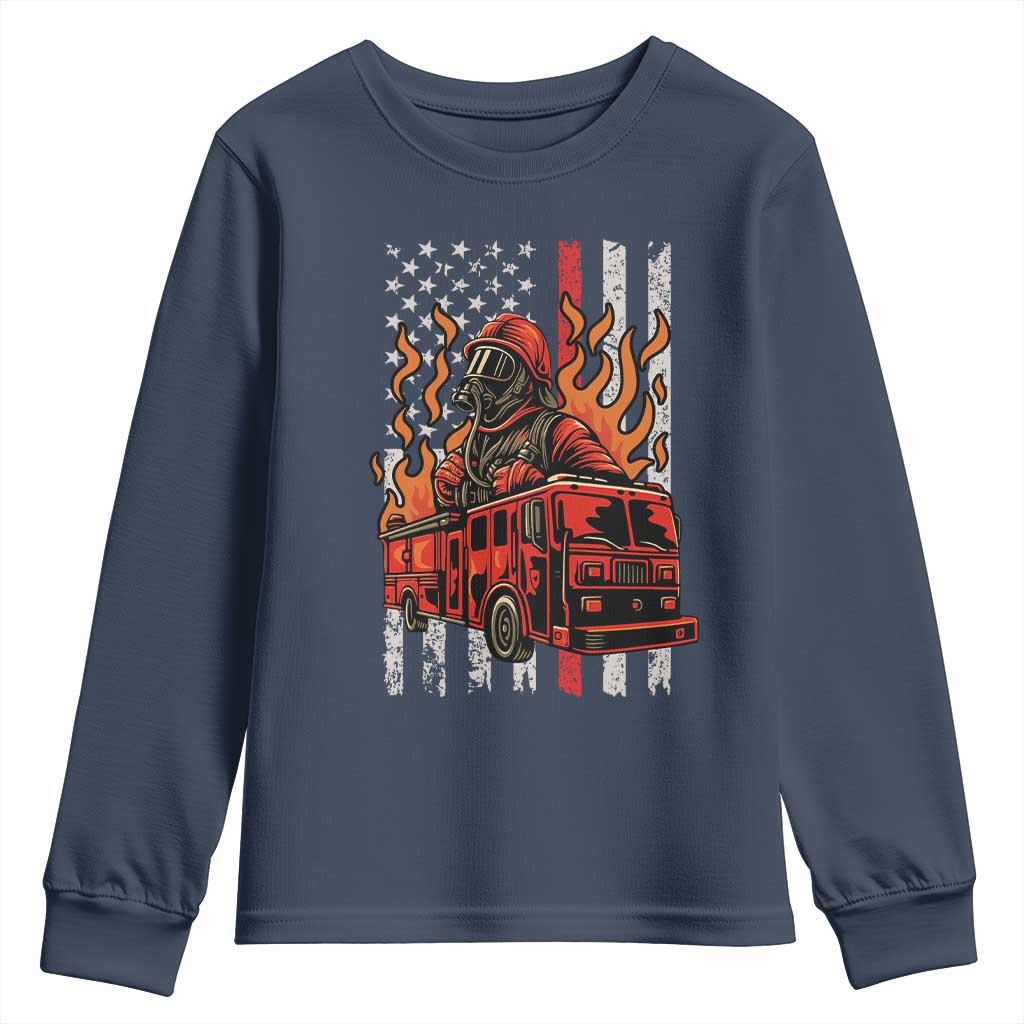 Firefighter Patriotic Fire Truck Fireman American Flag Youth Sweatshirt TS14 Navy Print Your Wear