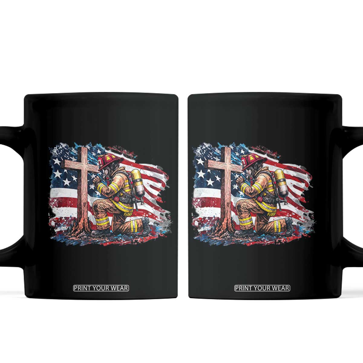 Fireman American Flag Coffee Mug Firefighter Christian Cross Bible TS14 Black Print Your Wear
