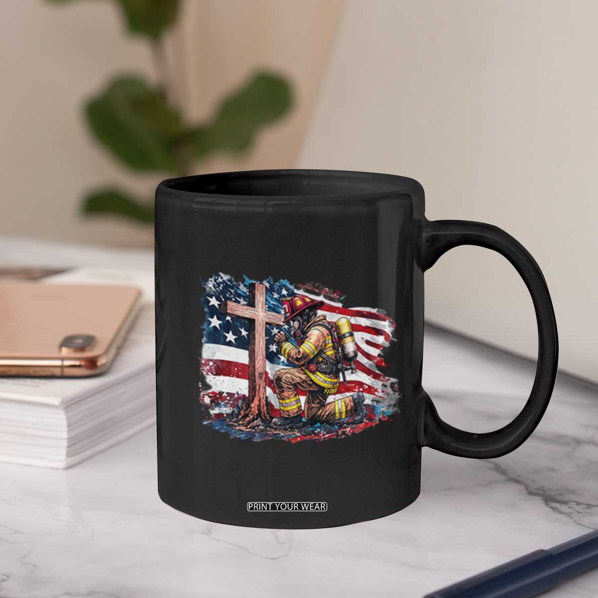 Fireman American Flag Coffee Mug Firefighter Christian Cross Bible TS14 Print Your Wear