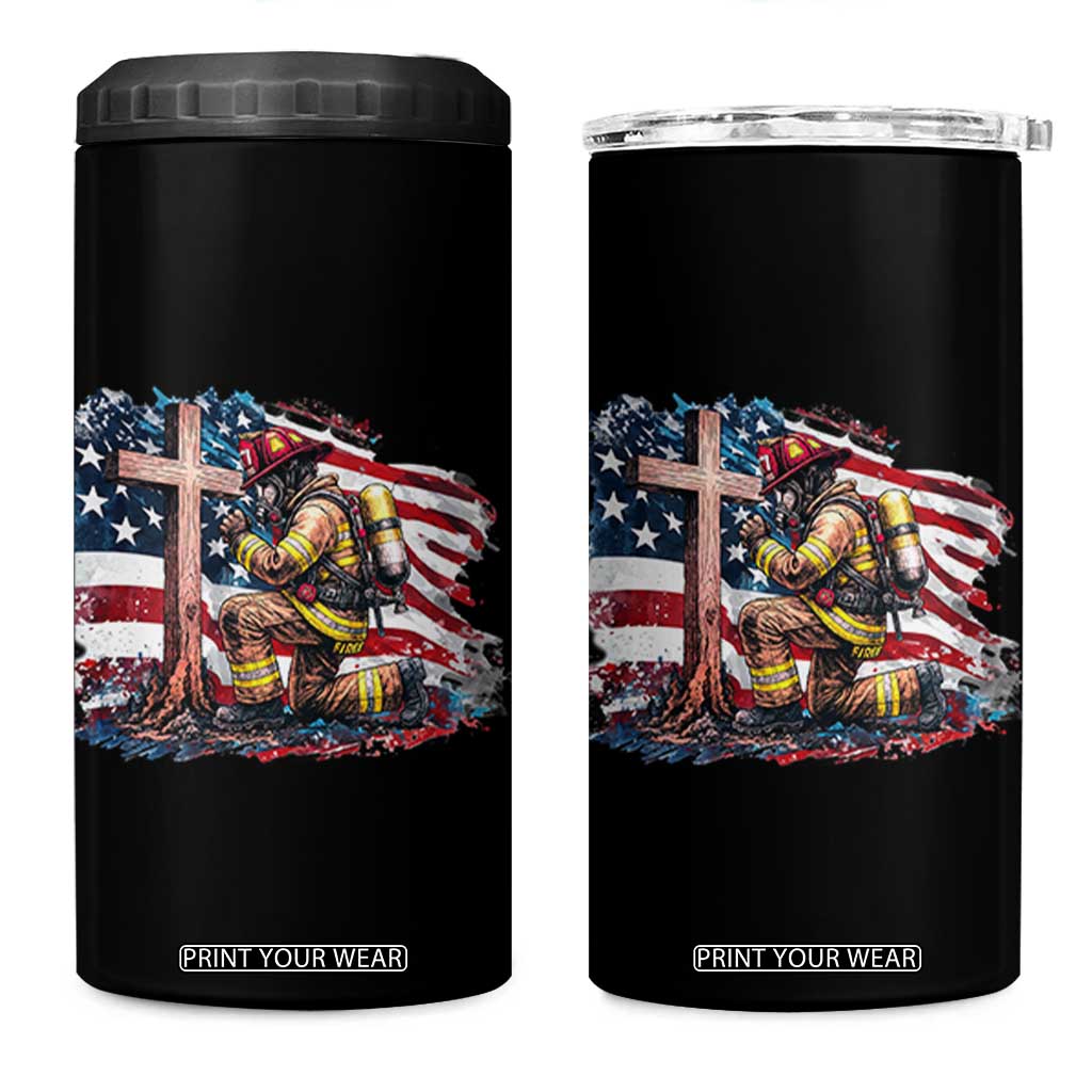Fireman American Flag 4 in 1 Can Cooler Tumbler Firefighter Christian Cross Bible TS14 One Size: 16 oz Black Print Your Wear