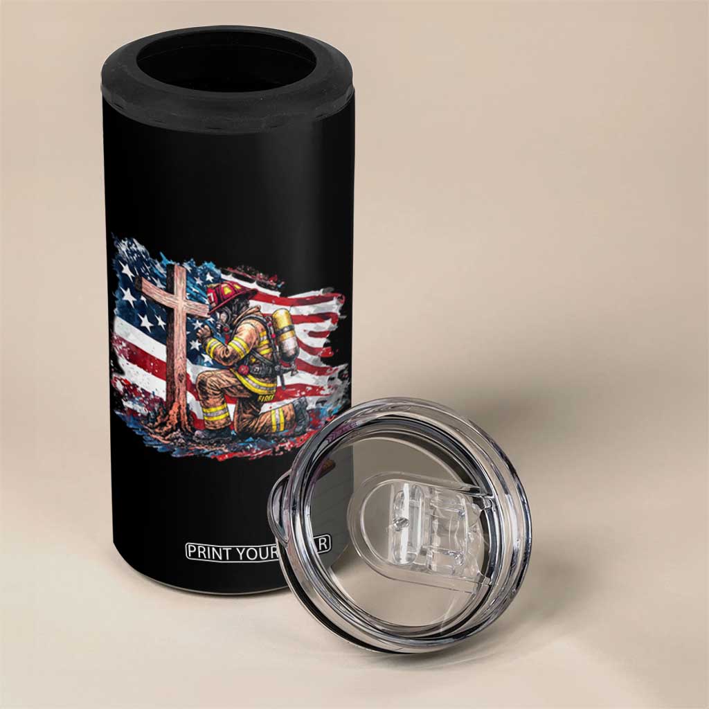 Fireman American Flag 4 in 1 Can Cooler Tumbler Firefighter Christian Cross Bible TS14 Print Your Wear