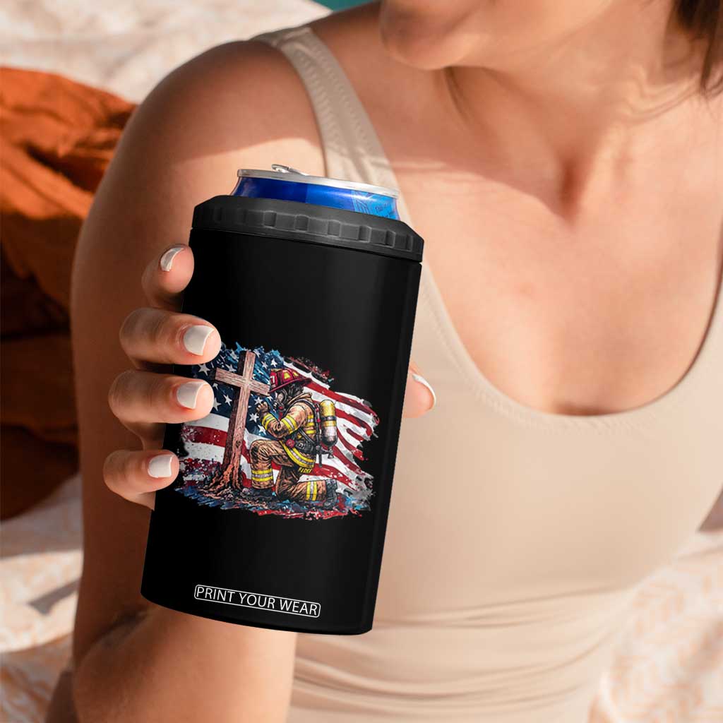 Fireman American Flag 4 in 1 Can Cooler Tumbler Firefighter Christian Cross Bible TS14 Print Your Wear