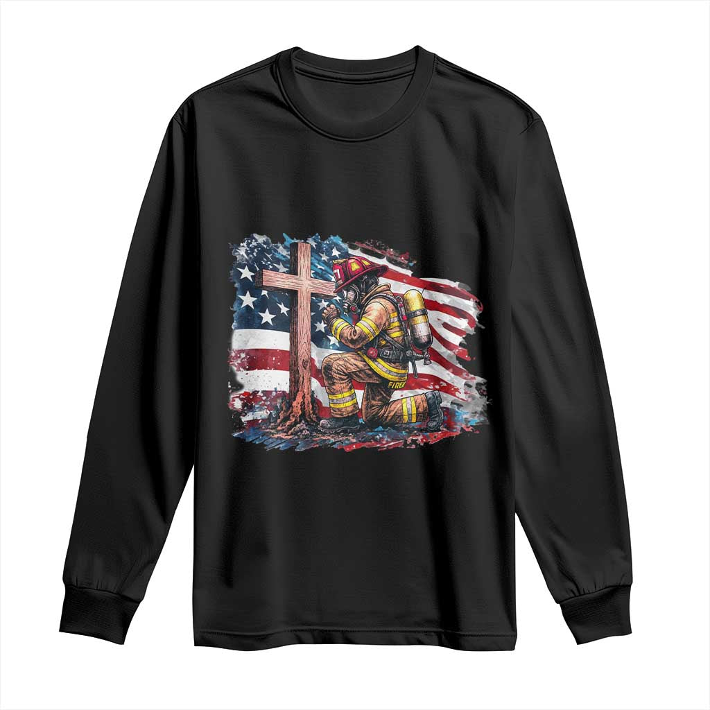 Fireman American Flag Long Sleeve Shirt Firefighter Christian Cross Bible TS14 Black Print Your Wear